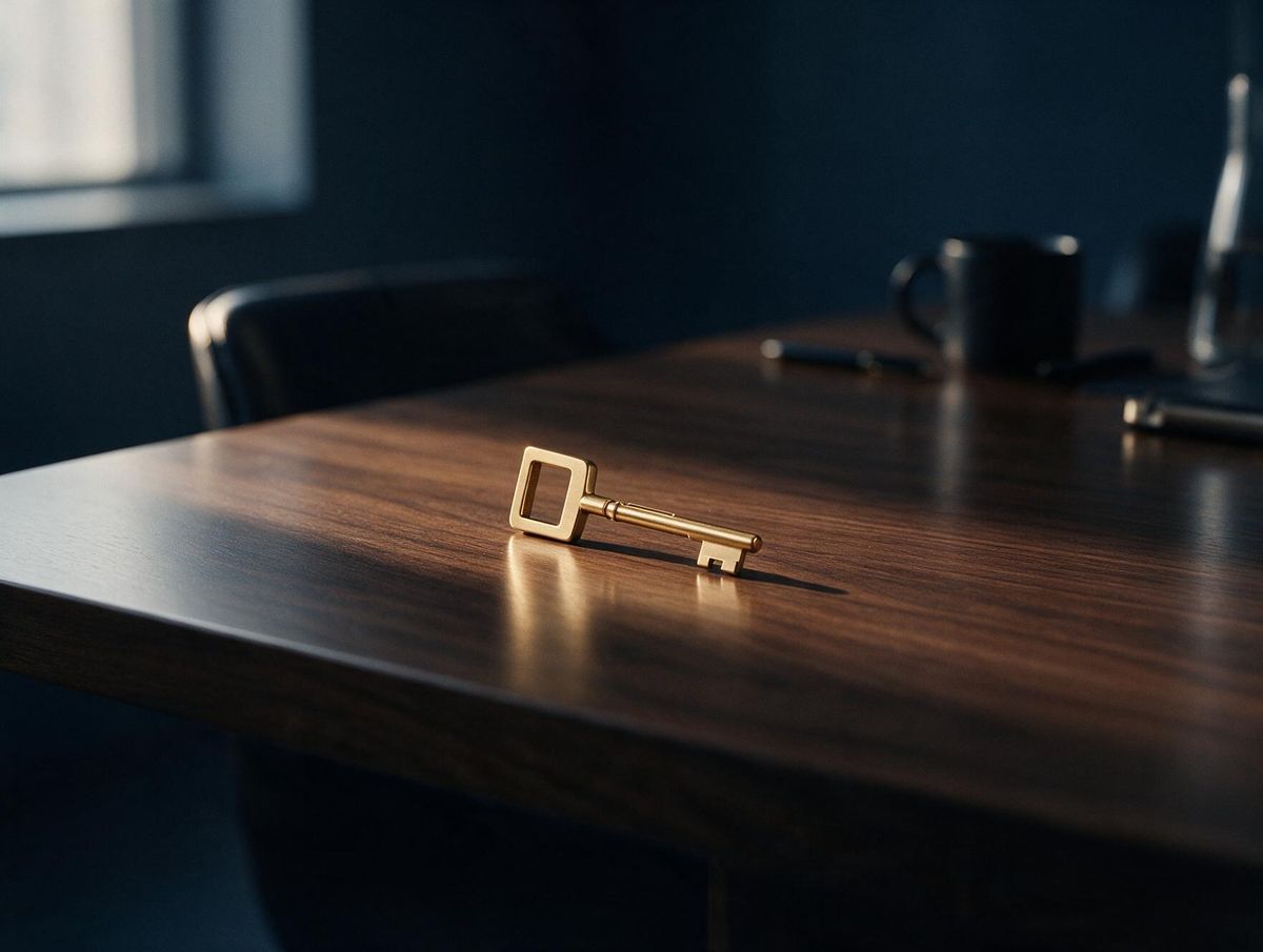 A single brass key on a boardroom table