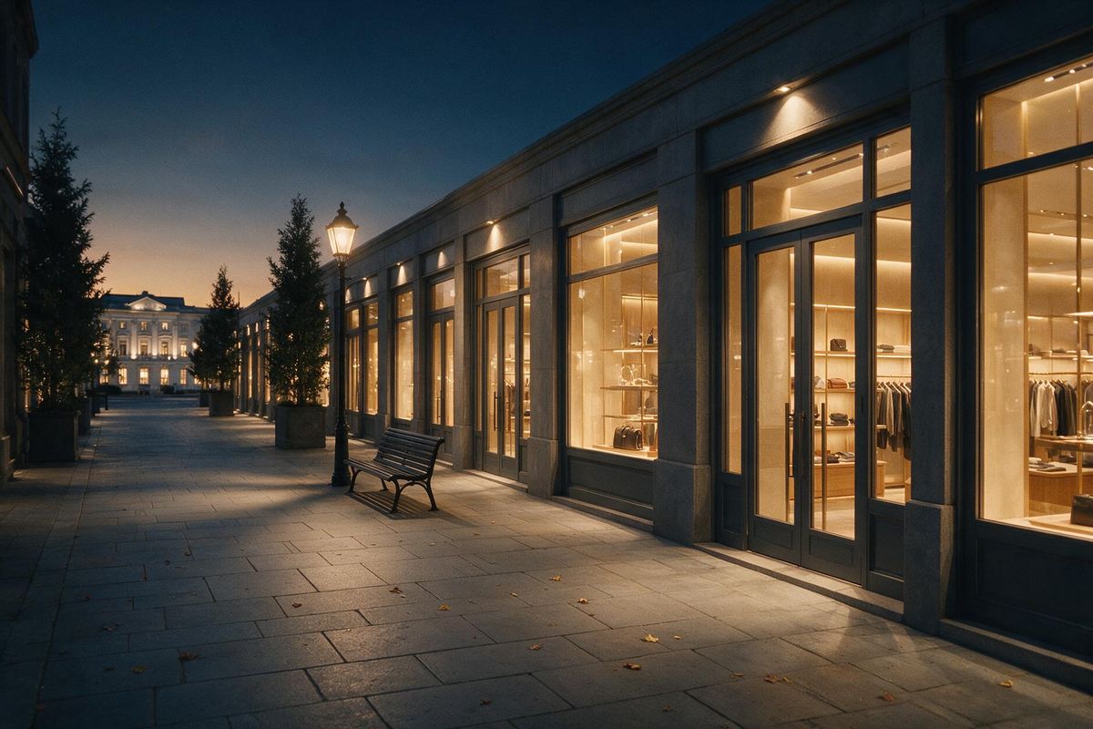 A row of boutique storefronts at dusk