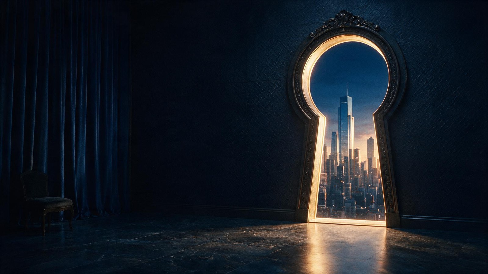 An executive looking through a golden keyhole toward a city skyline